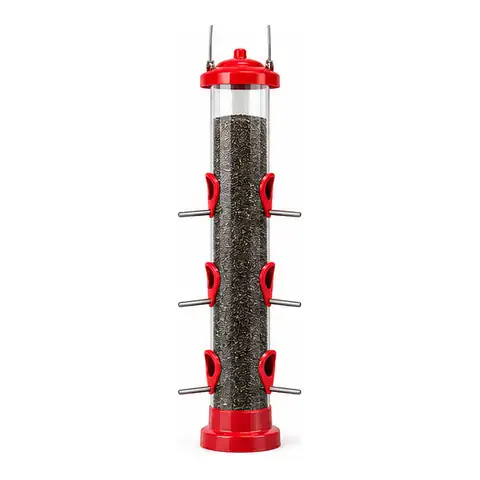Six-port clear tube finch feeder with red cap and base filled with nyjer seed