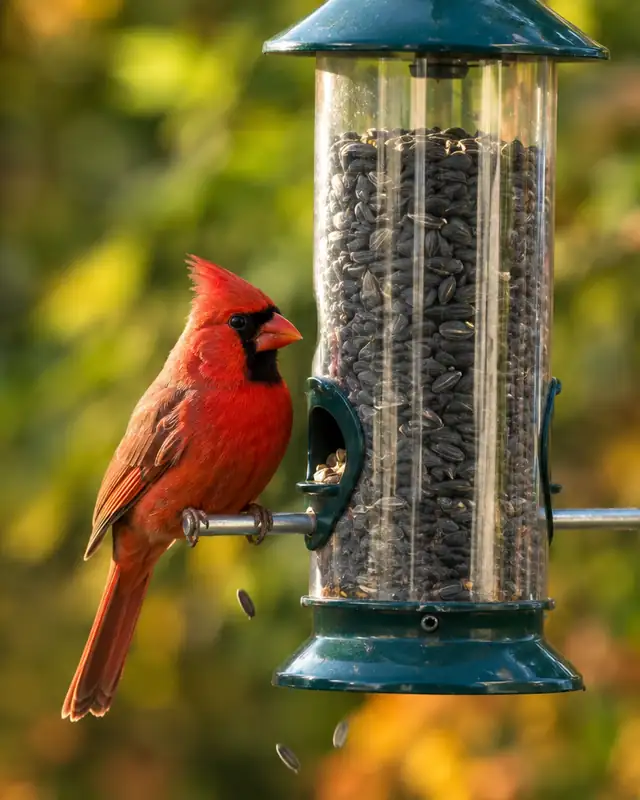 Male northern cardinal perched on a tube bird feeder filled with black oil sunflower seed in an autumn backyard