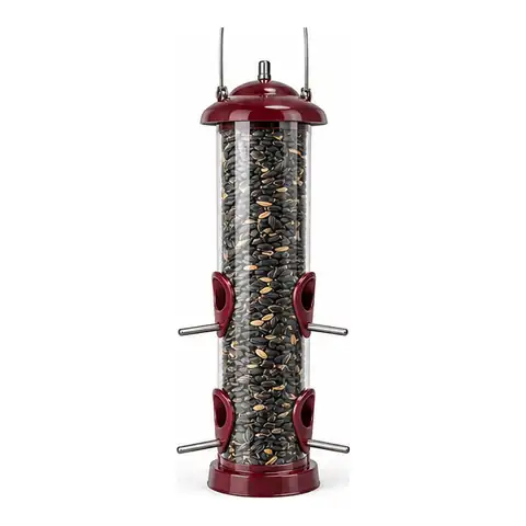 Yankee Dipper squirrel-proof tube bird feeder with burgundy cap and base and straight metal perches