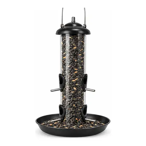 Yankee Tipper squirrel-proof tube bird feeder with midnight black cap and wide tipping feeding tray